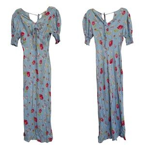 Topshop Blue Floral Puff Sleeve Midi Babydoll Slip Dress Sz 8 Coquette Ethereal